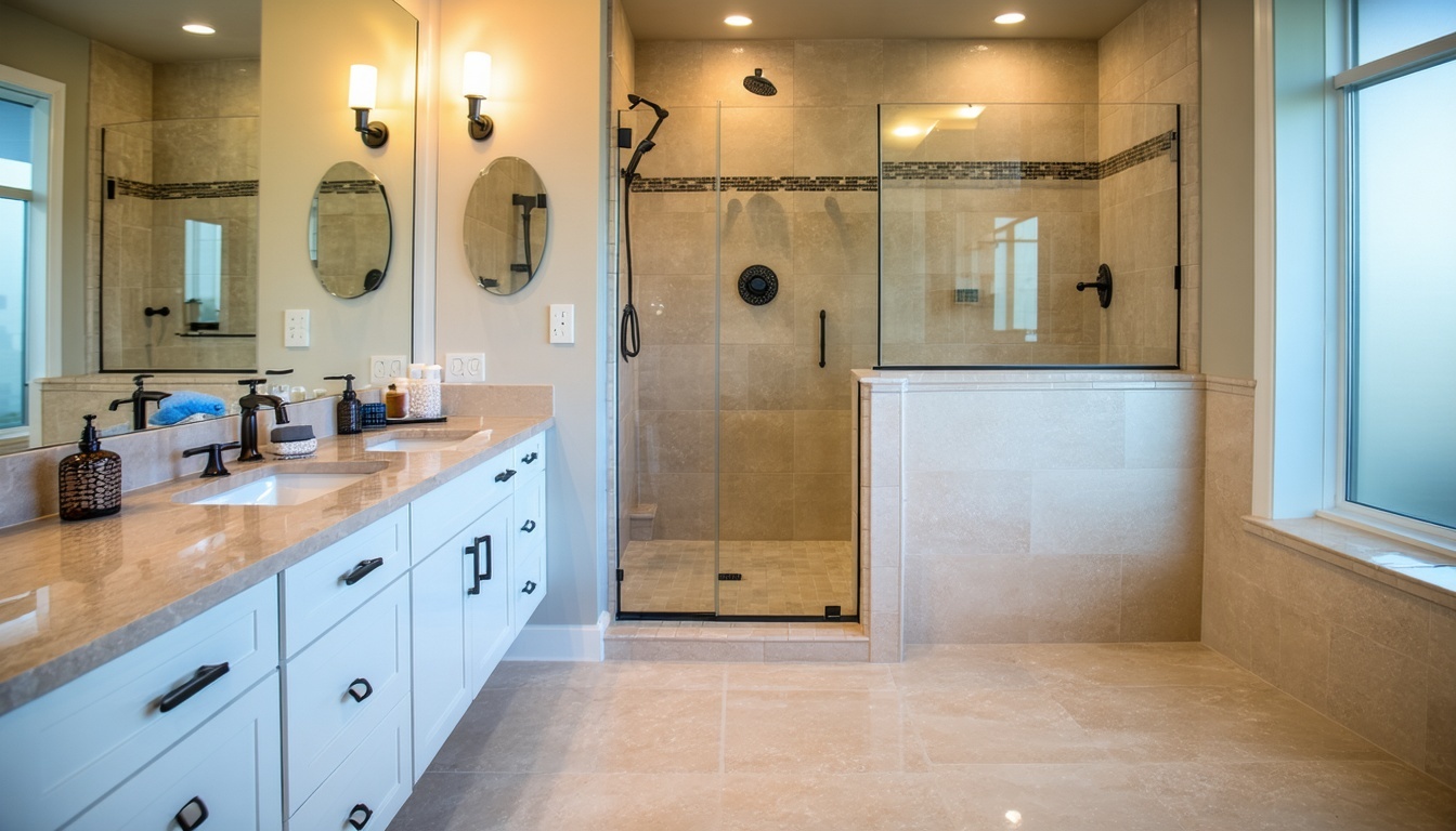 AI-generated image of a spacious bathroom with a walk in shower with acrylic walls in an etched tile pattern