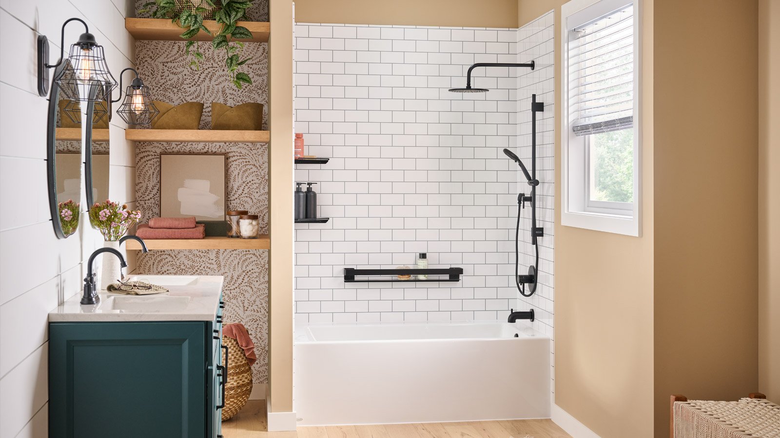 White & Black Subway Tub Shower with Black Fixtures