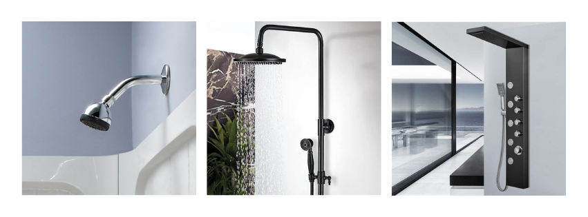 A grid of three photos of different shower heads