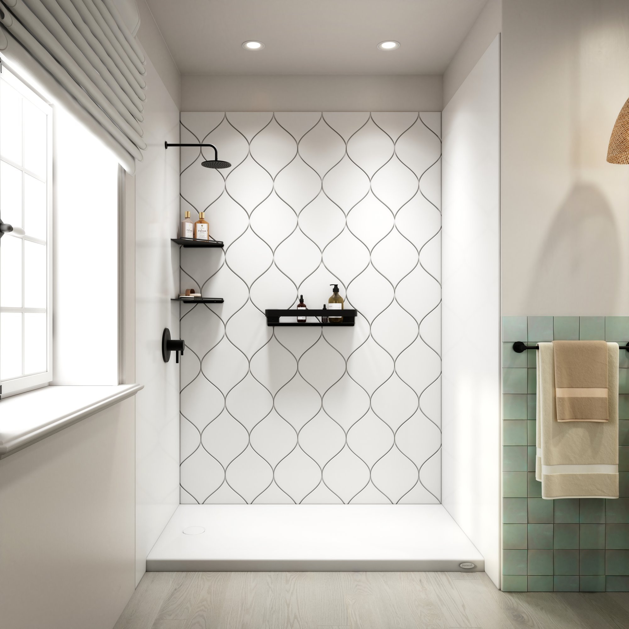 JBR_Textured_Grout_Spade_Alabaster_White_Lifestyle_Base_Alabaster_White_Aperto_Rain_Shower_System_Matte_Black_Stainless_Steel_Corner_Shelf_Matte_Black_Grab_Shelf_Matte_Black_