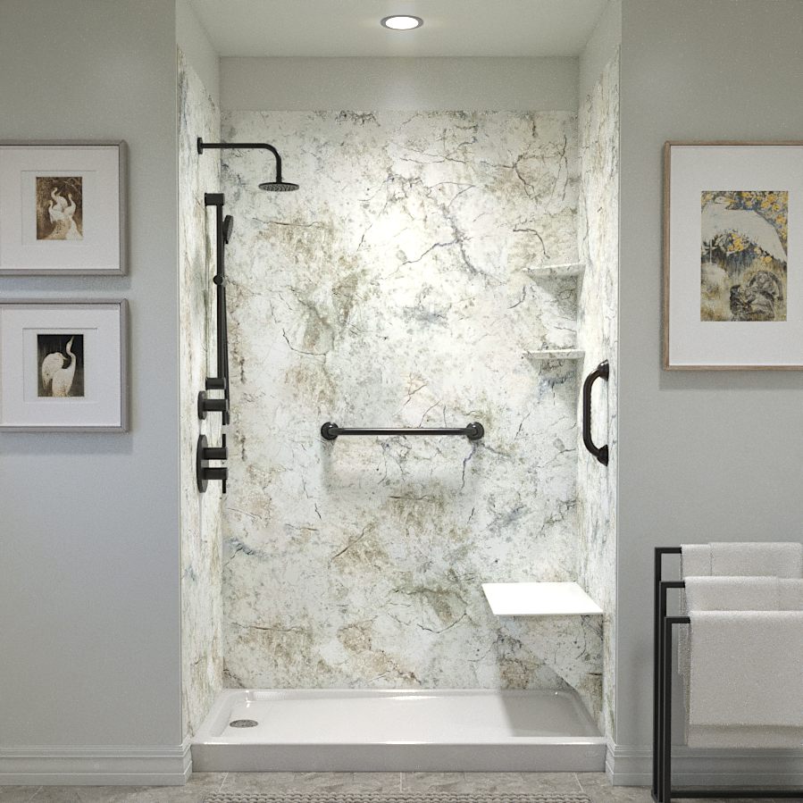 Photo of a deluxe walk in shower with bench seating, grab bars, corner shelves, and premier champagne travertine acrylic wall surrounds. Walk in shower for seniors. Disability friendly walk in shower