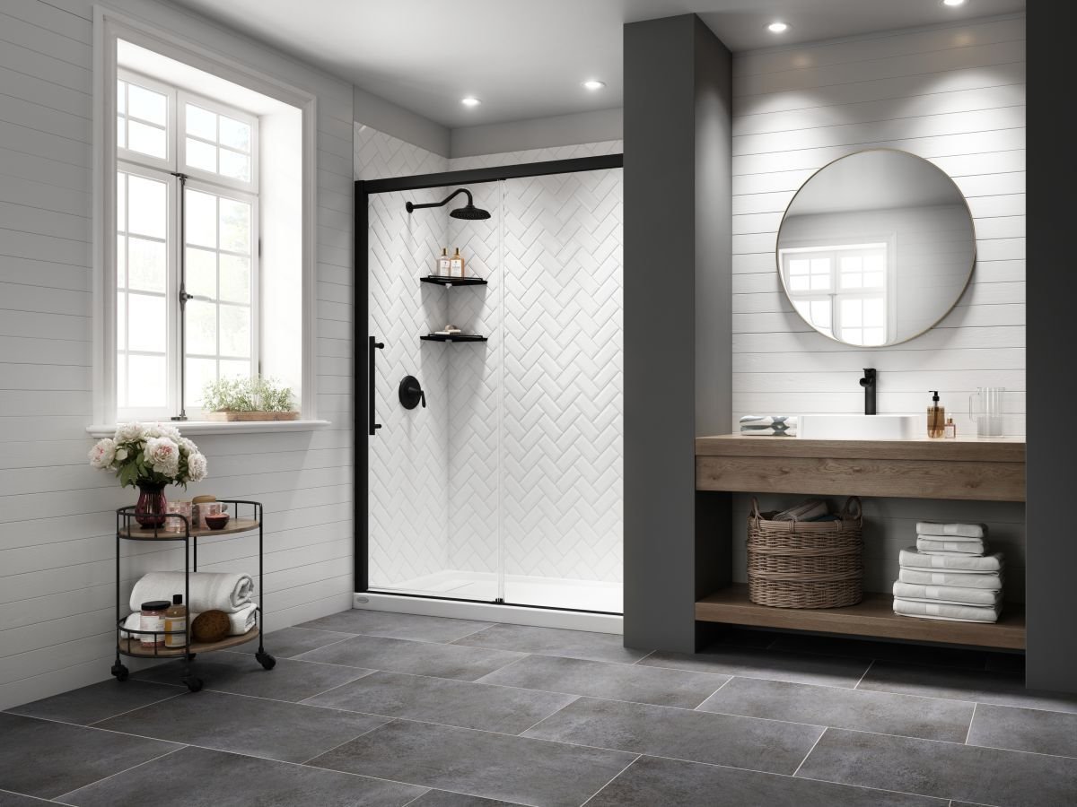 Herringbone sim tile in a Jacuzzi walk in shower
