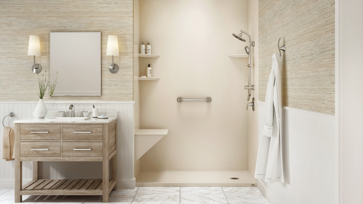 Jacuzzi walk in shower JBR_Sandshell_Beige_Smooth_Walls_Signature_Collection_Easy_Step_Base_Sandshell_Beige_Multi_Function_Shower_Spa_System_Grab_Bar_Chrome_Corner_Prairie_Shelf_Sandshell_Biege_Bench_Seat_Sandshell_Biege-1