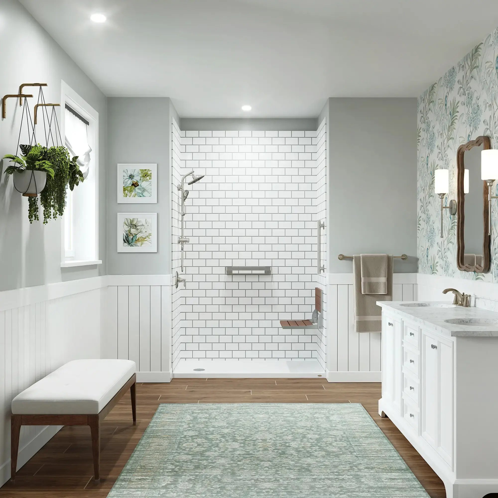 Jacuzzi walk in shower JBR_Textured_Grout_Subway_Alabaster_White_Lifestyle_Base_Alabaster_White_Aperto_Rain_Handheld_Chrome_Grab_Shelf_Chrome_Grab_Bar_Chrome_Teak_Seat (1)