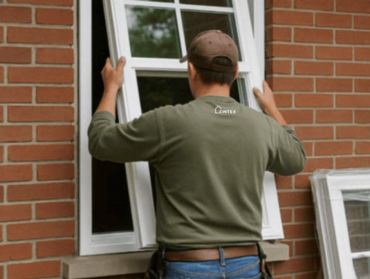 Image of a zintex installer putting new vinyl window frames in for new vinyl window replacement