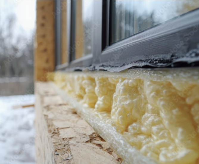 Close up of exposed insulation around new vinyl windows