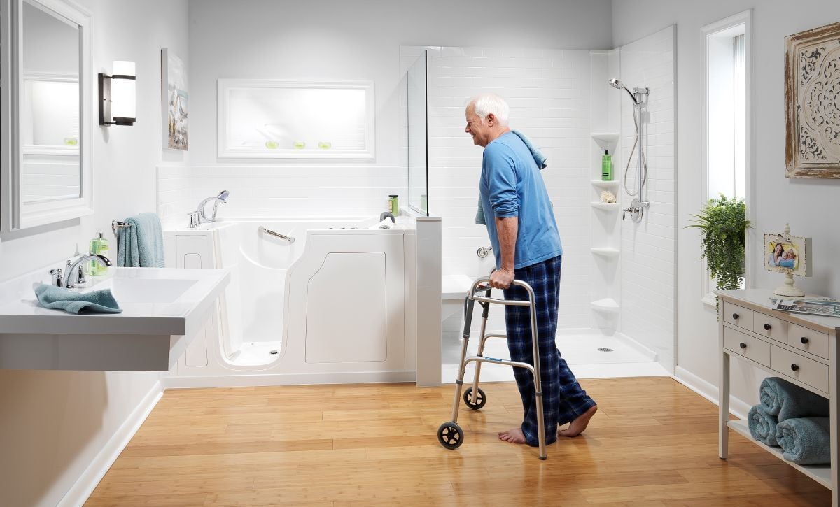 Walk-in Tub & Walk-in Shower White Subway Simultated Tile Male Talent with Walker