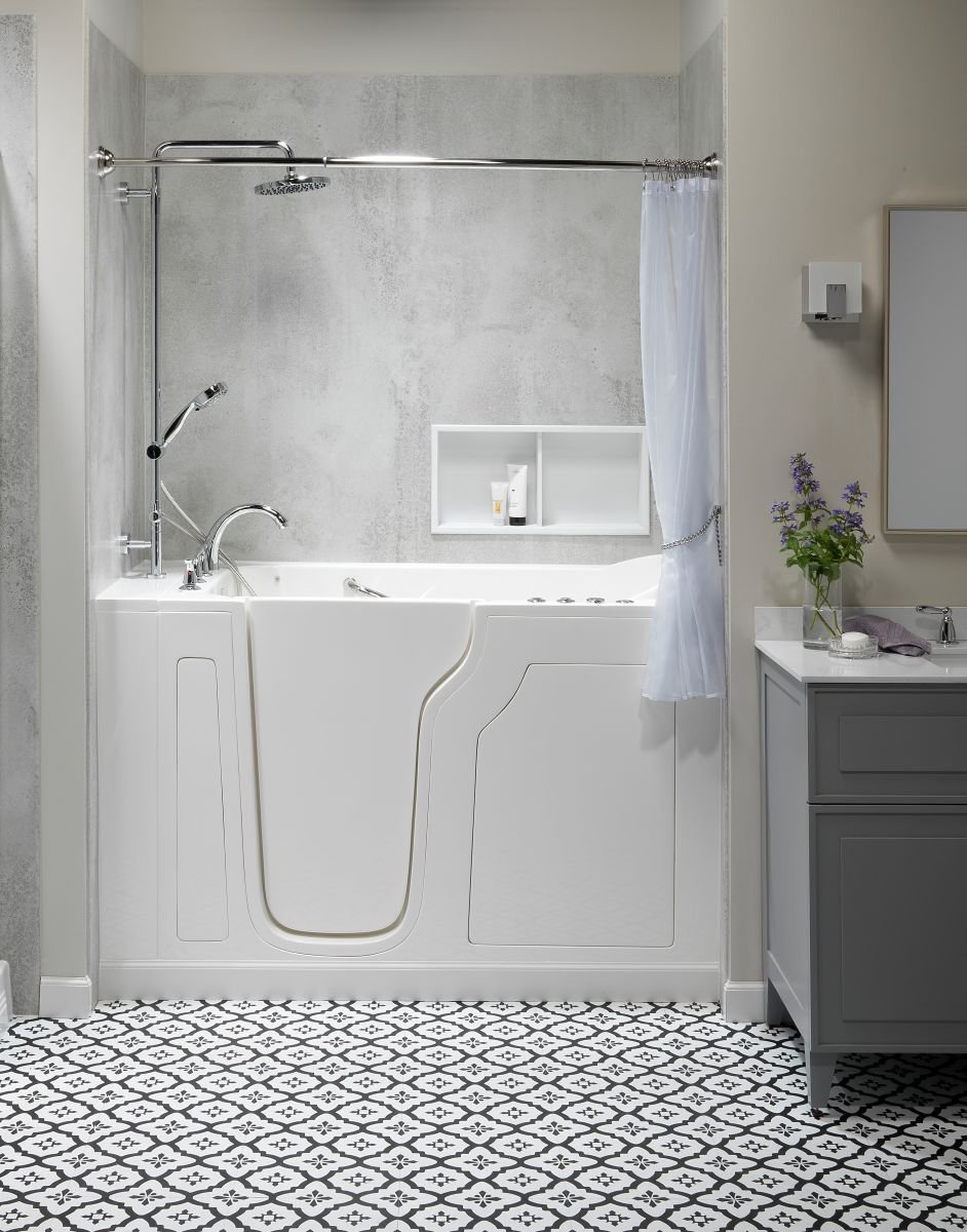 Walk-in Tub Classic Concrete Smooth White Wall with Chrome Fixtures (1)