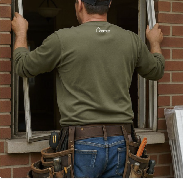 Image of a ZINTEX installer removing old window framing for a vinyl window replacement