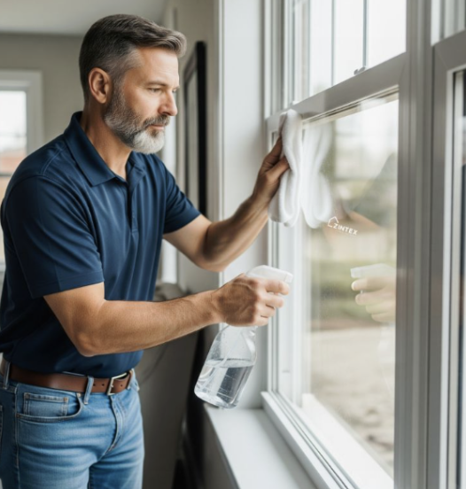 AI generated image of a man cleaning a window