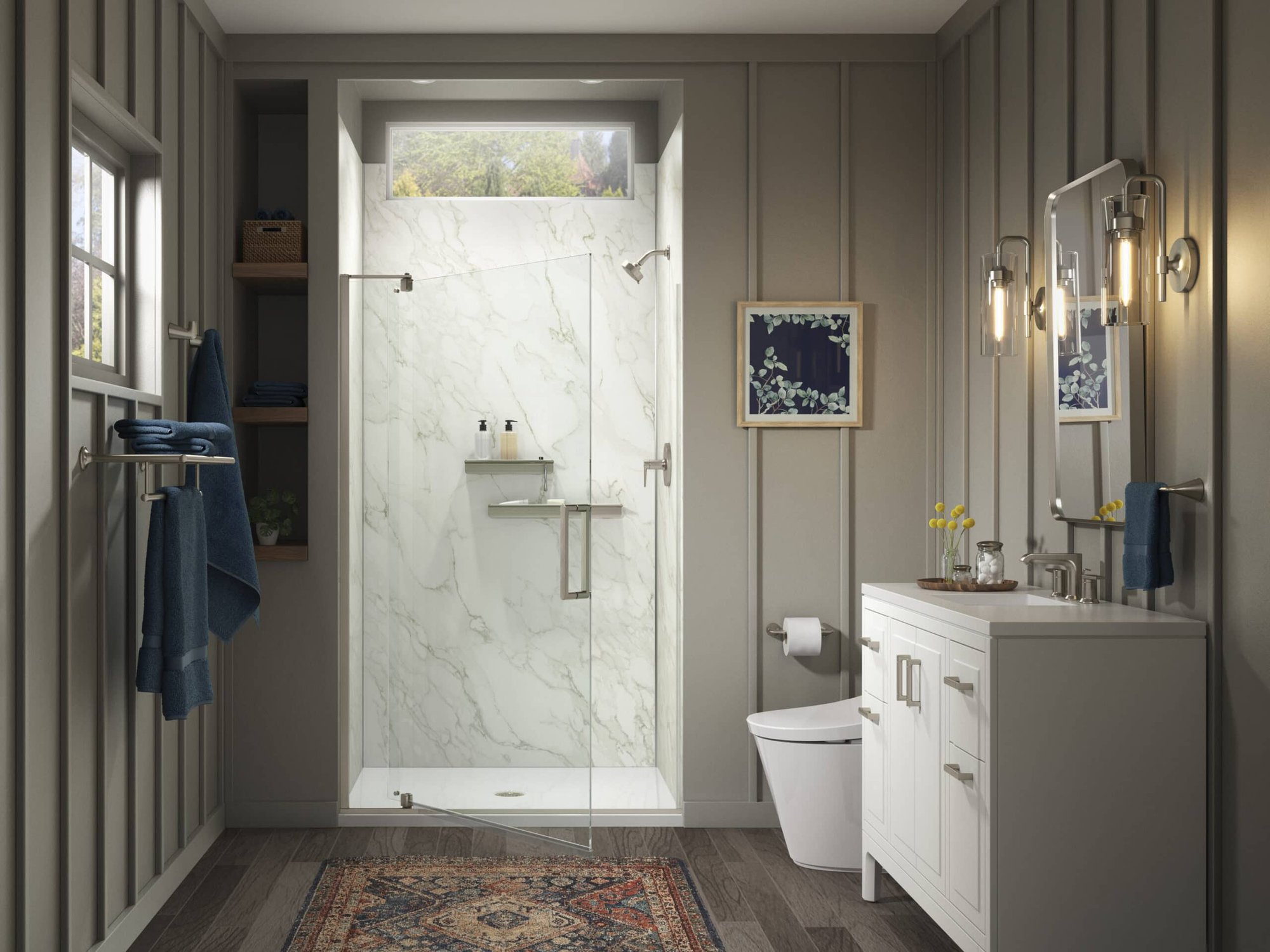 Photo of a walk in shower with faux-marble walls and built in storage. Acrylic shower with window.