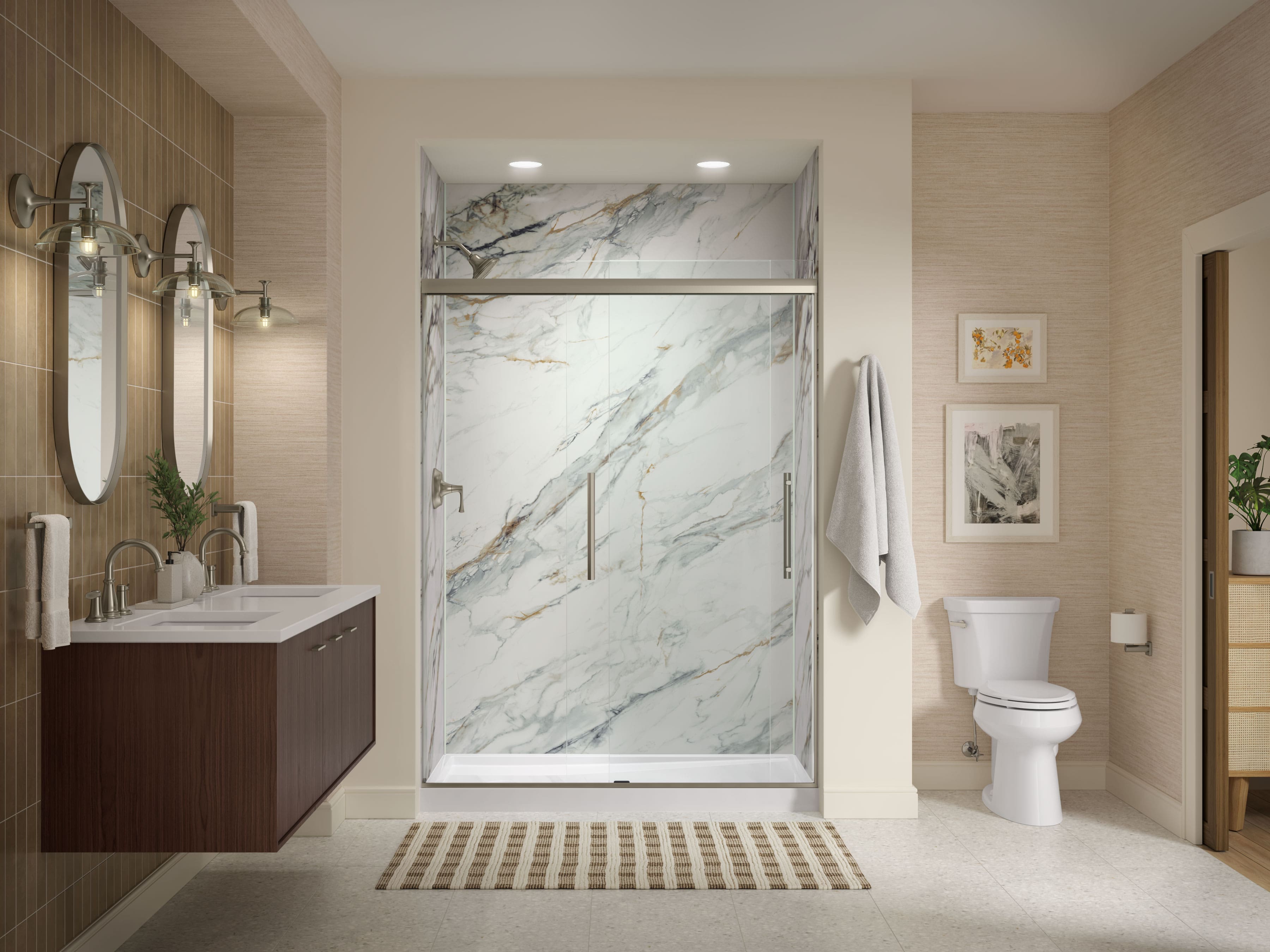 Photo representing walk in shower cost. Acrylic patterned walls that resemble marble. Glass enclosure.