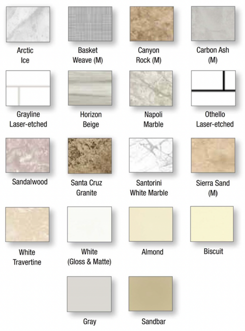 Graphic of acrylic wall design customizatoin options including acrylic shower wall colors and acrylic shower wall patterns