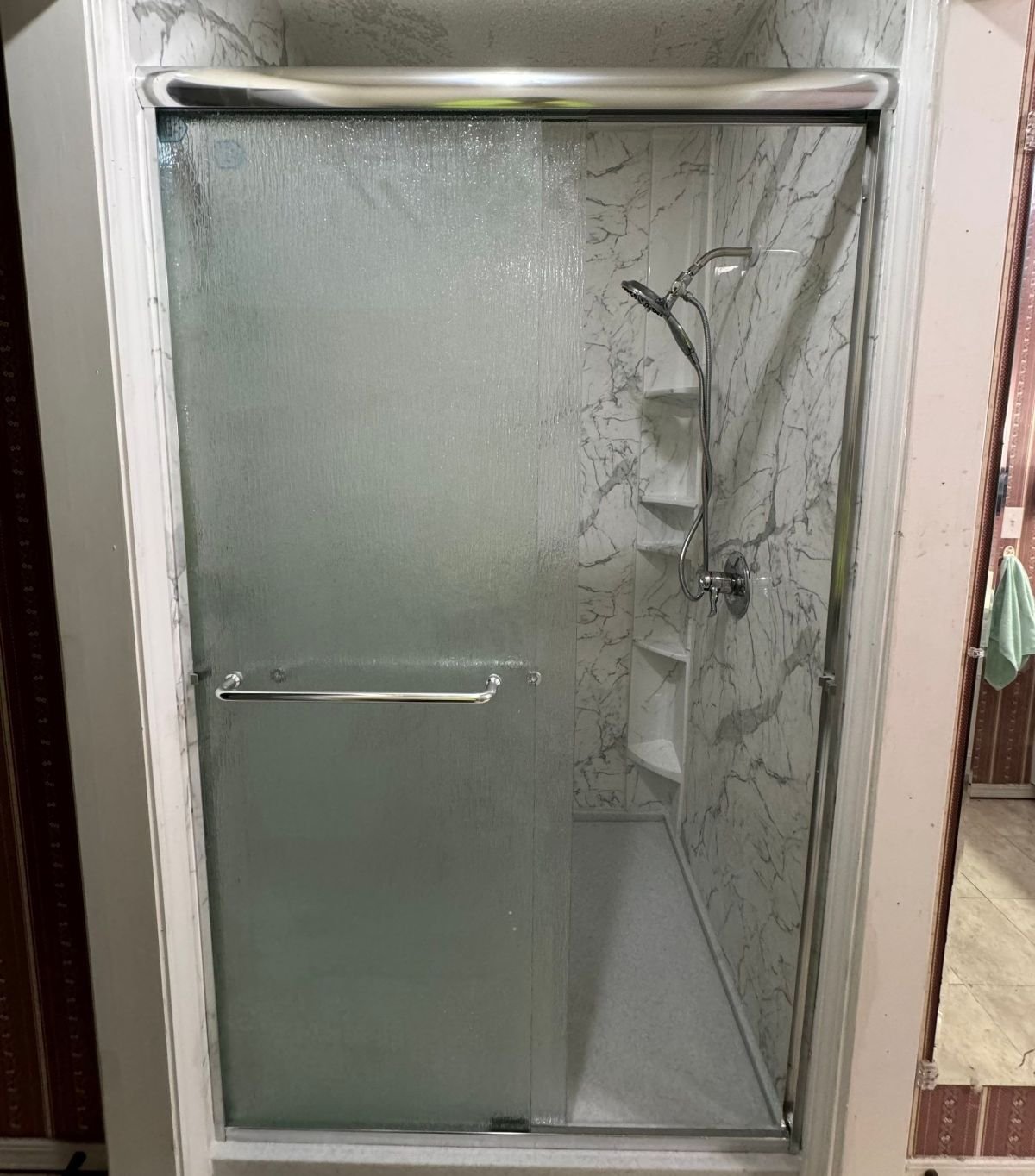 tower caddy in a walk in shower