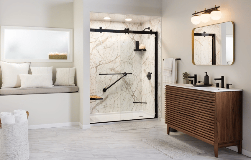 Photo of a walk in shower with BCI Acrylic Tuscany walls