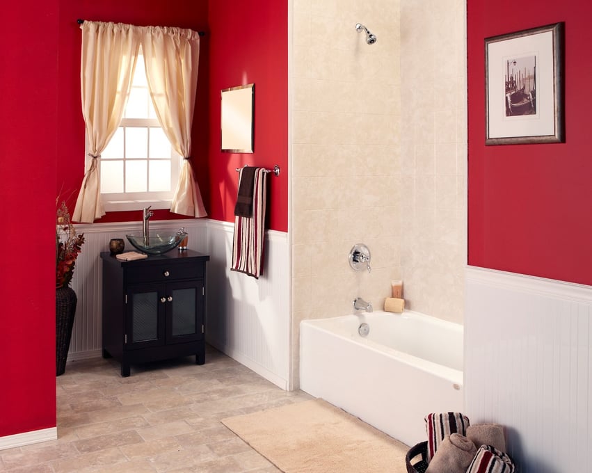 Photo of a walk in shower with BCI Acrylic White Travertine walls
