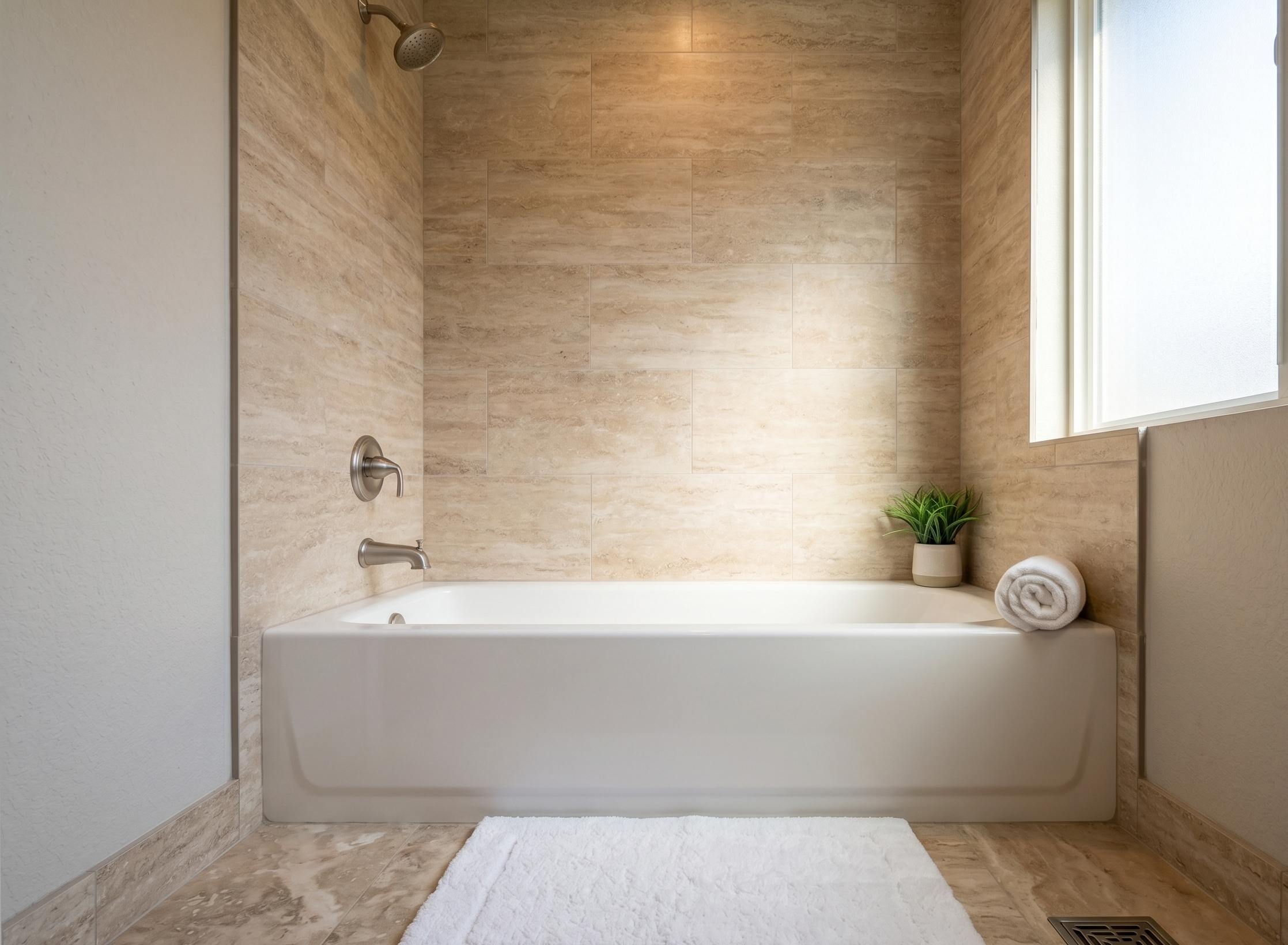 Stone-look tile bathtub surround